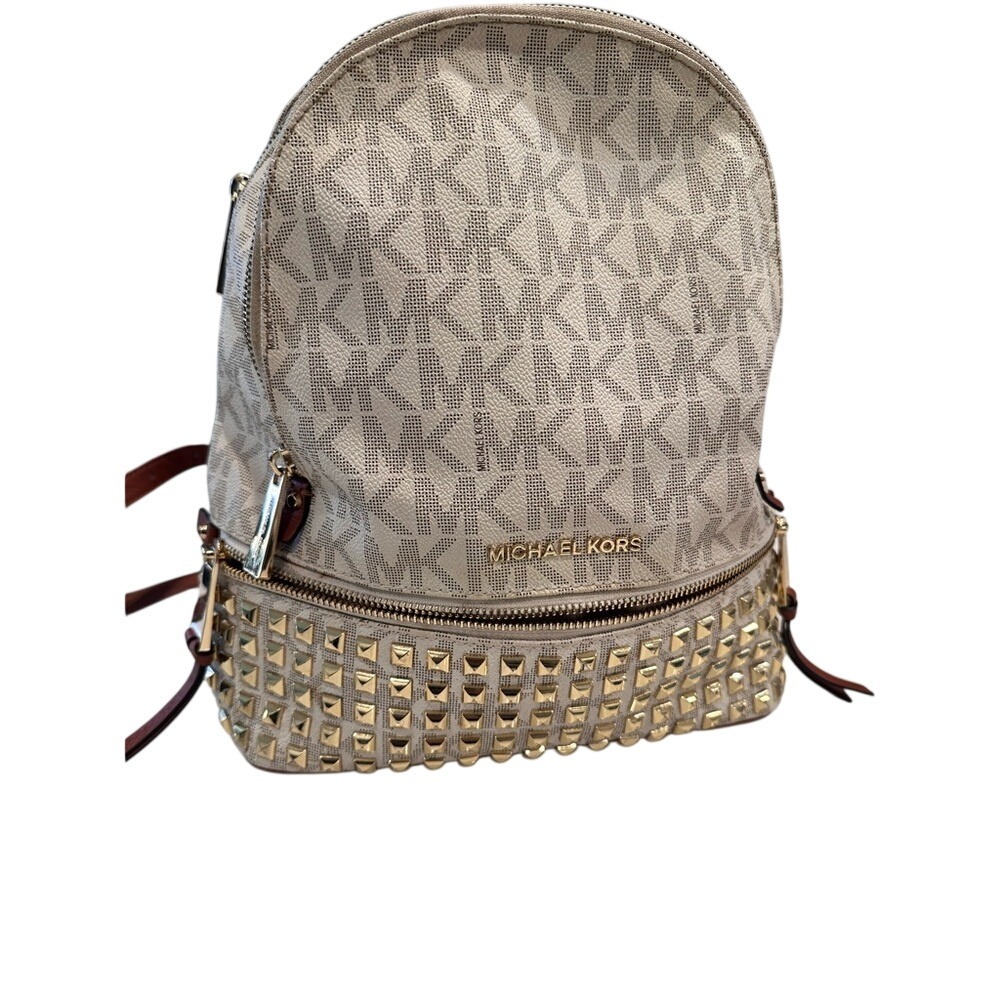 Michael‎ Kors Monogram  Rhea medium studded pebbled leather backpack